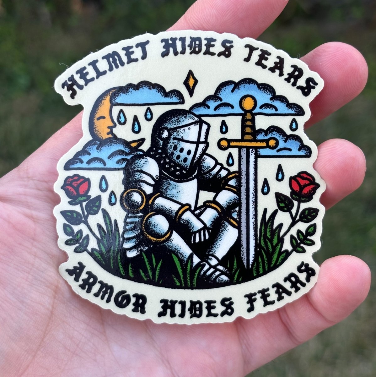 Helmet hides tears, armor hides fears sticker - Sticker - Pretty Bad Co.