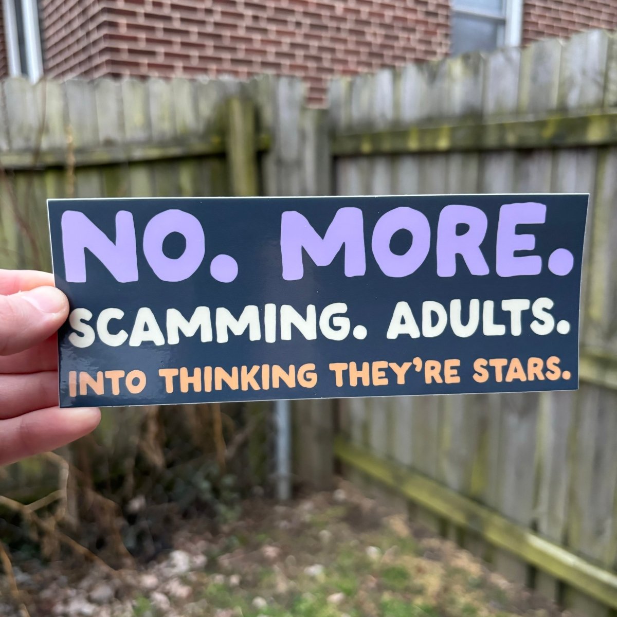 No. More. Scamming. Adults. Bumper Sticker - Sticker - Pretty Bad Co.